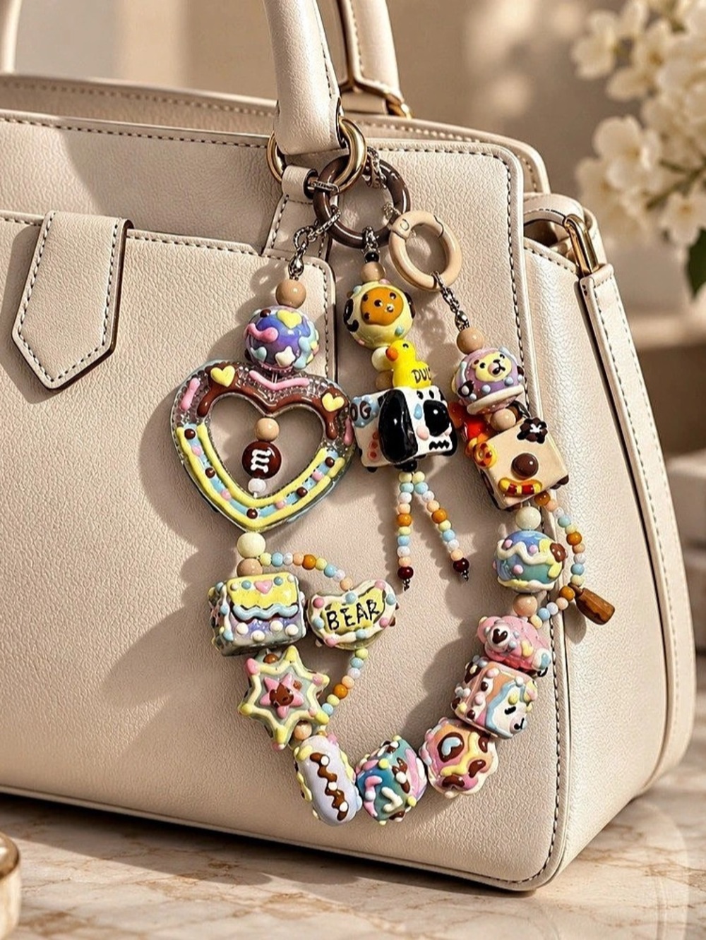 Kawaii Cat Dog Beaded Bag Charm Keychain Pastel Dessert Candy Purse Charm Y2K Gi